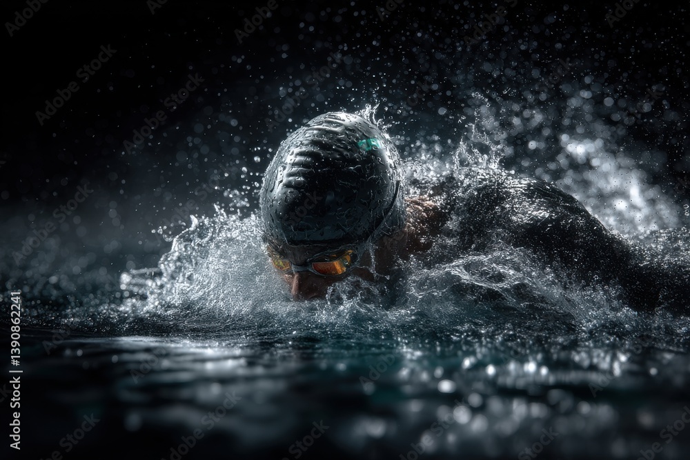 Poster a dynamic shot of a swimmer in action, creating a splash with a black cap and goggles in a competiti