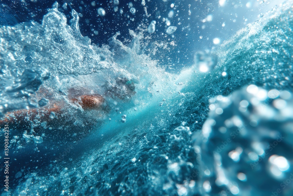 Poster underwater shot capturing the dynamic movement of a swimmer, surrounded by bubbles and splashing wat