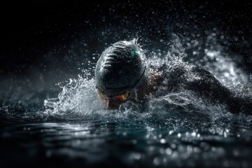 A dynamic shot of a swimmer in action, creating a splash with a black cap and goggles in a competitive race, showing determination, focus, and athletic prowess.