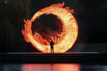 A person stands before a giant illuminated dragon circle