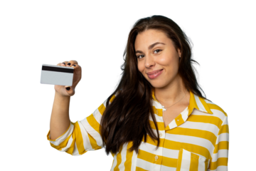 Smiling woman showing credit card on transparent background, recommending online shopping and secure payment