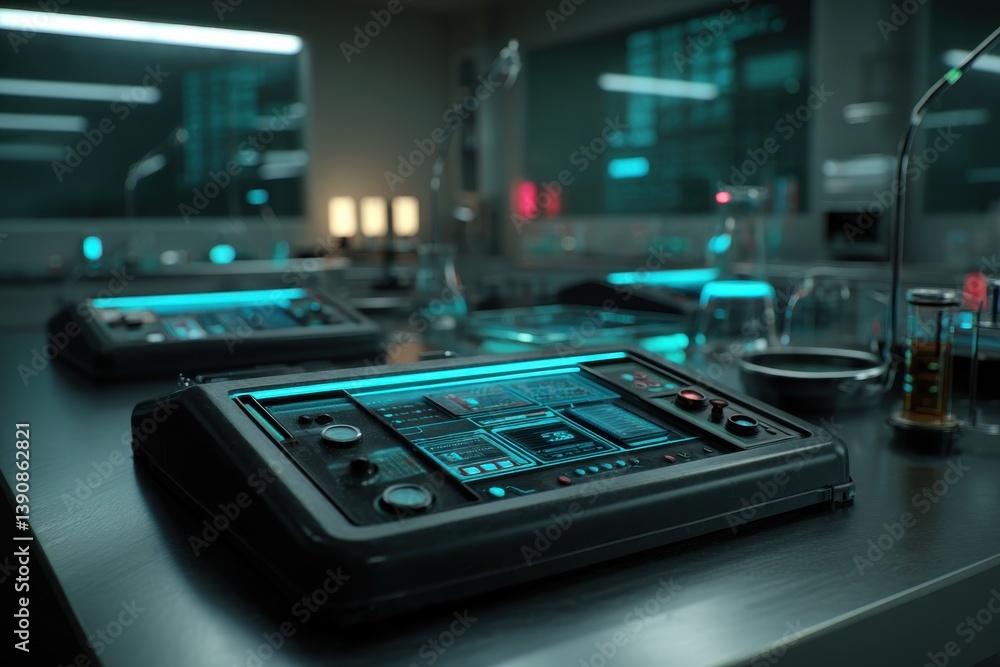 Poster advanced laboratory setup with interactive control panels and data displays for scientific research 