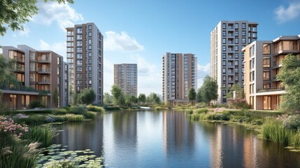 Fototapeta premium Modern Residential Complex with Serene Waterfront and Lush Greenery Ideal for Urban Living and