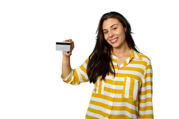 Smiling woman showing credit card on transparent background