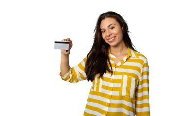 Smiling woman showing credit card on transparent background