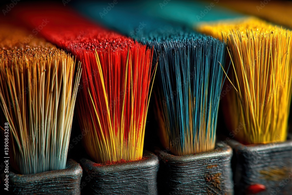 Poster a vibrant array of colorful paintbrushes, displaying a spectrum from warm browns and fiery reds to c