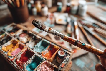 A close-up shot showcasing an artist's wooden palette filled with vibrant paint, holding a brush, revealing the tools of the creative trade, a colorful still life composition.