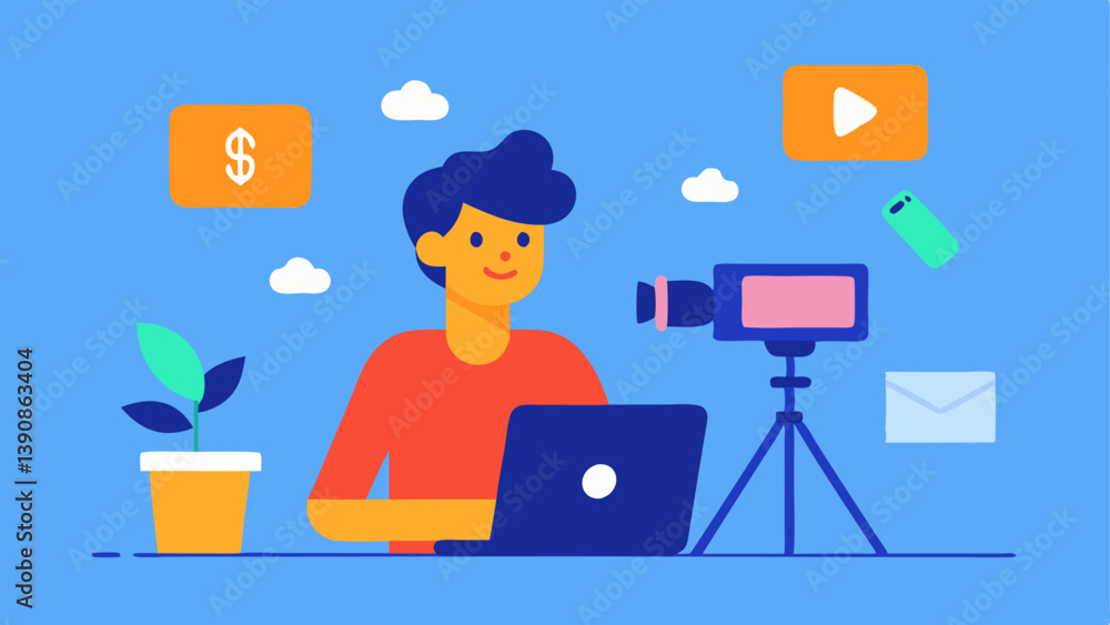 Poster blogging and vlogging a person with a camera filming a vlog at home surrounded by a laptop displayin