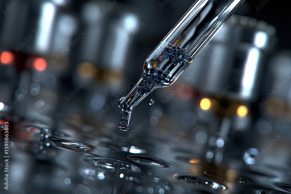 Poster close-up of a laboratory pipette with a liquid sample, conducting scientific research in a dark lab,
