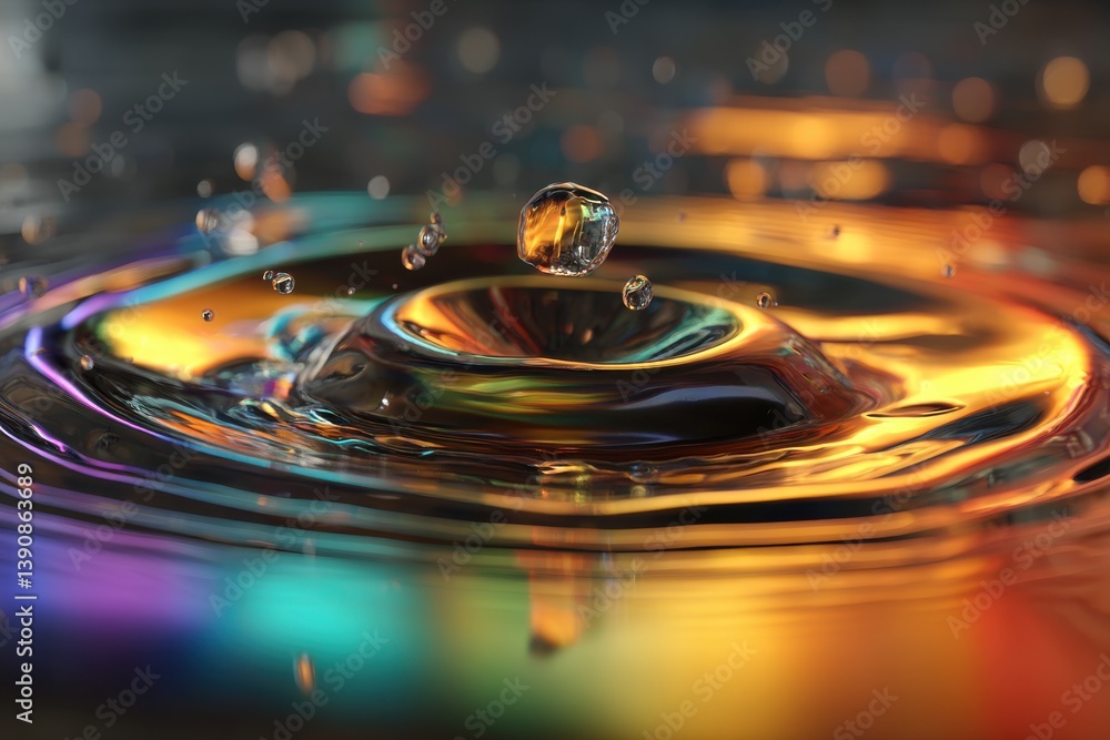 Aufkleber macro shot of a water droplet impacting a colorful liquid surface, creating ripples and splashes wit
