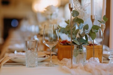Elegant table setting with glassware and greenery for special occasion