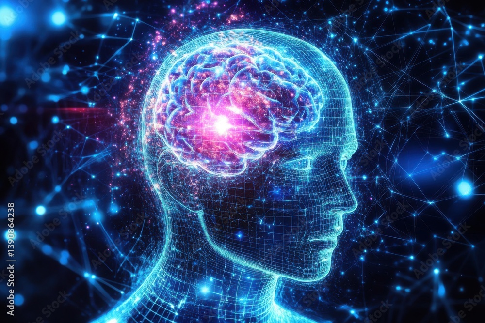 Poster tech abstract backdrop: ai, neural networks, data transfer, encryption, science.