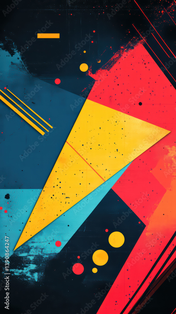 Poster geometric abstraction: a dynamic composition of vivid primary hues, with clean lines and striking sh