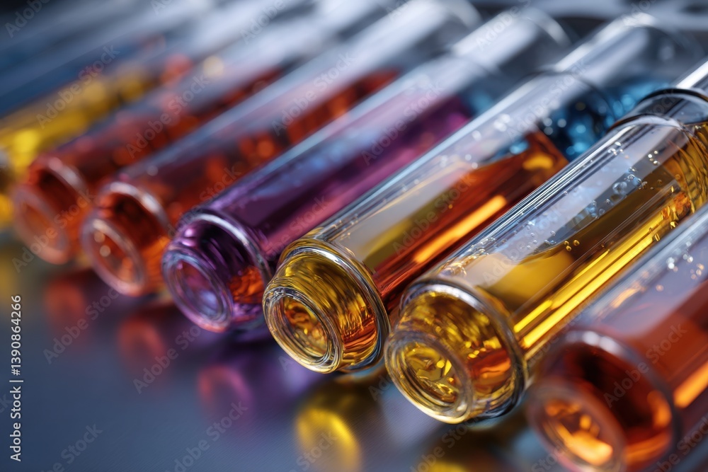 Poster close up view of test tubes filled with different colored liquids in a research lab, representing sc