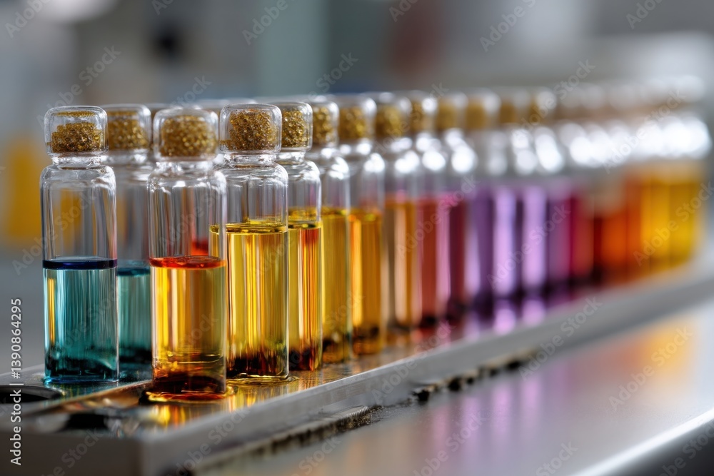 Poster an array of glass vials filled with vibrant colored liquids for laboratory analysis and scientific r
