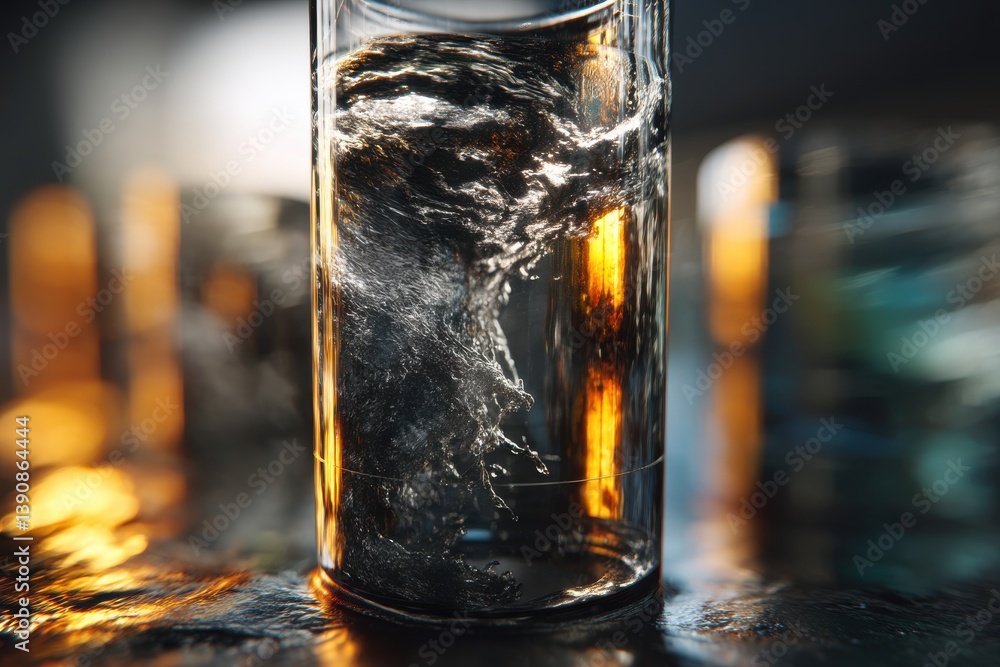 Poster close-up of a dynamic liquid inside of glass, showcasing swirling patterns and reflections, creating