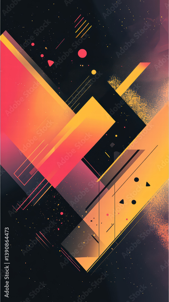 Poster abstract geometric design: vivid orange and yellow geometric shapes intersect dynamically against a 