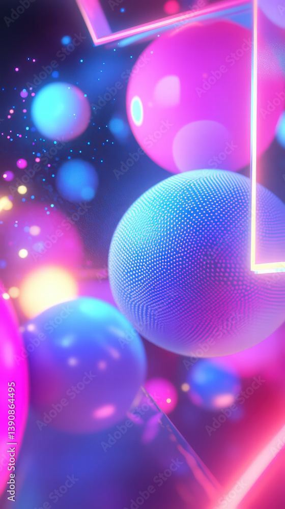 Aufkleber neon orb fusion: a dynamic composition of luminous, vibrantly colored orbs and geometric shapes puls