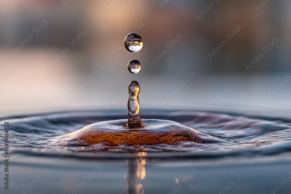 Poster captivating macro shot capturing water droplets suspended mid-air with mirror-like reflections, crea