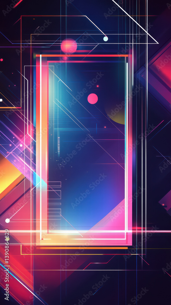Poster neon frame: dynamic neon frame with bold geometric shapes, pulsating colors, and glowing light effec