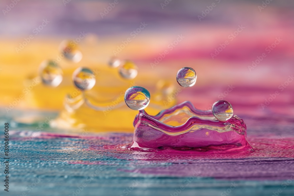 Poster a detailed macro shot of water splashes on a painted surface, capturing vibrant droplets in sharp fo