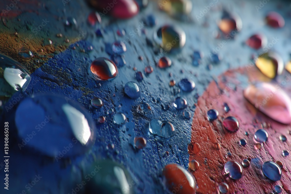Poster close-up artistic shot of colorful water droplets on a textured surface, showcasing vibrant hues and