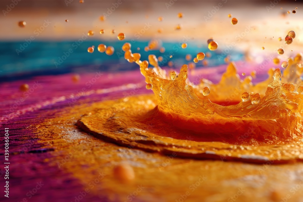 Poster a vibrant explosion of orange liquid creating a dynamic splash on a colorful background with abstrac