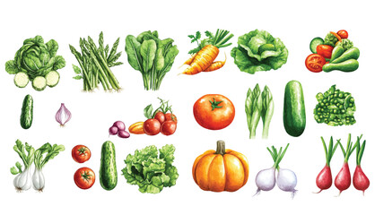 set of vegetables watercolor, plants, greens, spring, cabbage, cucumber, tomato, radish, peas, lettuce, onion, carrot, asparagus