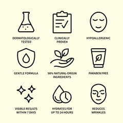 Organic cosmetic line icon big set. Natural product badges. Hypoallergenic, safe for children, clean cosmetic, non toxic. GMO free emblems. Vegan, bio food. Vector illustration.