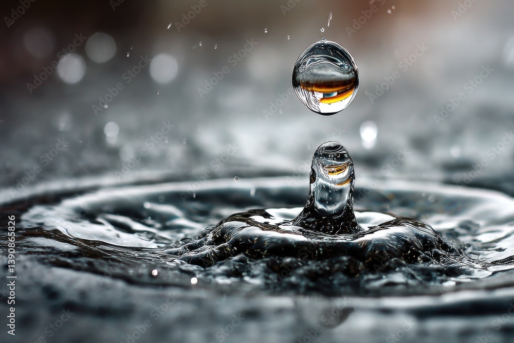 Poster a mesmerizing macro shot capturing a water droplet collision, creating intricate patterns and reflec
