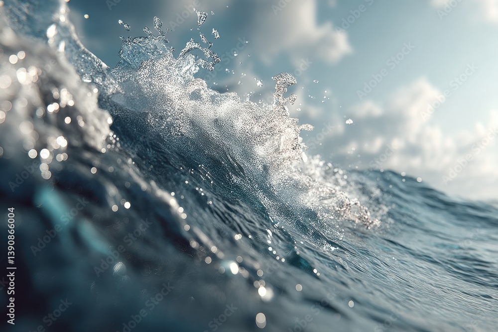 Poster captivating close-up of a wave cresting with splashing water under a partly cloudy sky, highlighting