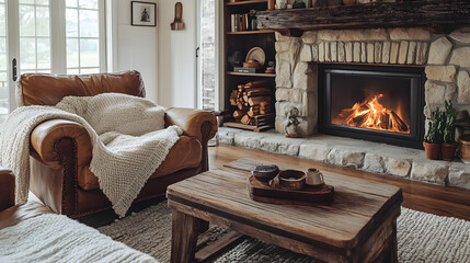 Cozy Living Room Scene with Fireplace, a warm and inviting living room featuring a fireplace, leather armchair, and rustic wooden coffee table. Perfect for relaxation and comfort.