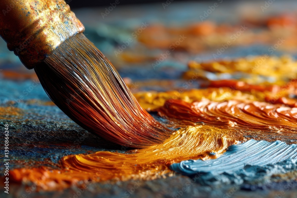 Poster a vibrant close-up showcasing a paintbrush loaded with warm hues creating textured strokes on a canv