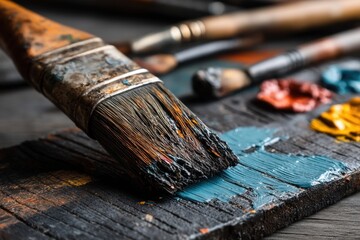 Fototapeta premium Close up of a paintbrush with blue paint on a wooden palette and other art supplies, showcasing the tools and materials of an artist's studio environment.