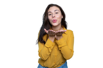 Young businesswoman sending a kiss with transparent background