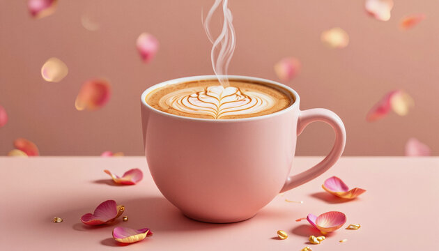 Vivid design food and beverage advertisement: A steaming cup of latte with latte art sits gracefully on a pink surface surrounded by scattered rose petals, evoking a sense of warmth and delicate bea