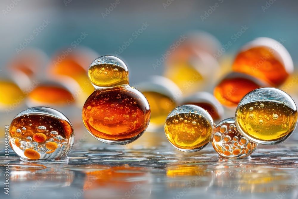 Poster macro photograph showcasing multiple glistening liquid filled spheres in amber and yellow, creating 