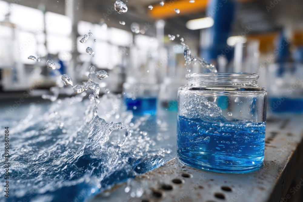 Poster dramatic close-up of a glass jar overflowing with vibrant blue liquid, creating dynamic splashes and
