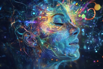 Digital abstract: neural networks, AI, data transfer, encryption, tech research.