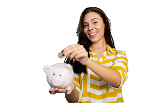 Young woman is putting coins in piggy bank, saving money for the future, isolated on transparent background