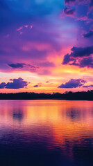 Fototapeta premium Tranquil Waterscape: A breathtaking vista of a serene lake reflecting the vibrant colors of a spectacular sunset, offering a sense of peace and awe.