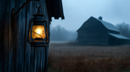 Lantern Light: A warm glow from an antique lantern illuminates a rustic wooden barn against a misty, rural backdrop. Evokes a sense of serenity and nostalgic charm.