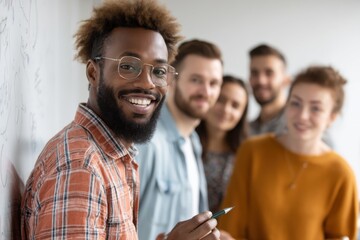 Obraz premium A happy African American man with glasses smiles in front of his colleagues, fostering a positive and collaborative team atmosphere in a modern office setting