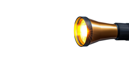 A sleek, golden flashlight emitting a bright beam of light, perfect for outdoor adventures or emergency situations.