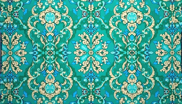 Symmetrical paisley damask pattern in muted blues and greens, antique, interior