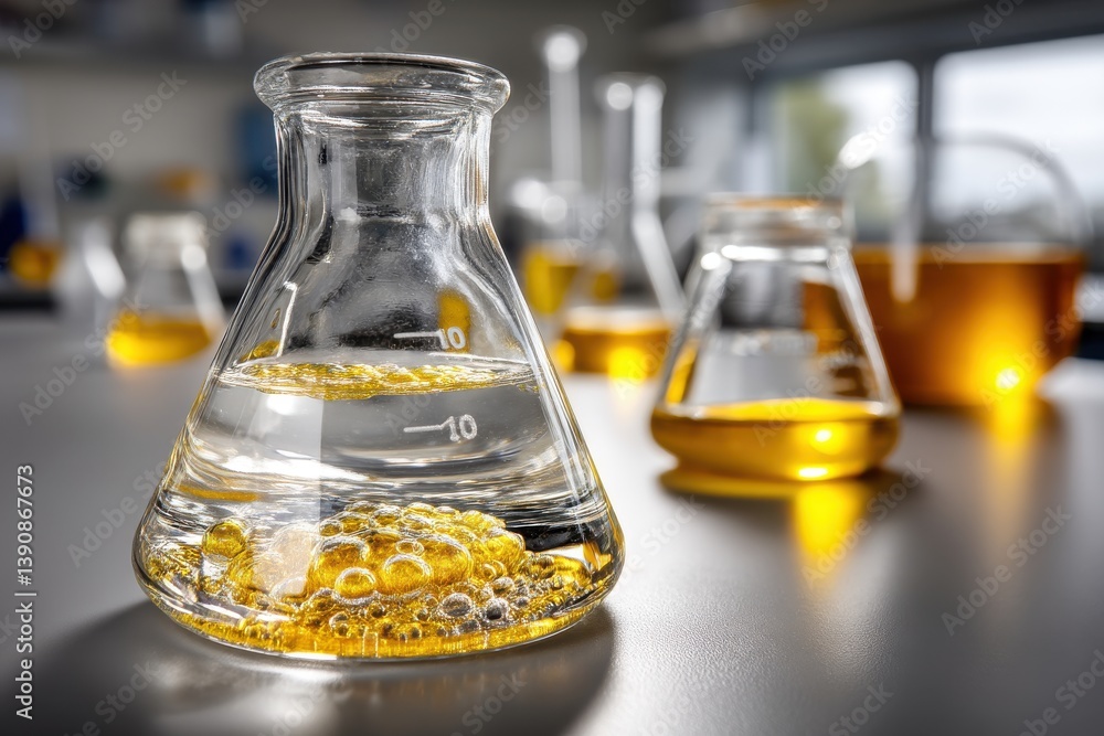 Poster close-up of a scientific flask containing a mixture of clear and golden liquids with bubbles, set in