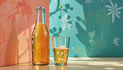 Vivid design food and beverage advertisement: A refreshing bottle and glass of fizzy orange soda with falling droplets are displayed against a vibrant backdrop of coral, turquoise, and floral patter