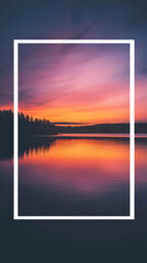 Serene Lake Sunset: A captivating image featuring a still lake with a mesmerizing sunset reflection framed within a clean white border, evoking tranquility and serenity.