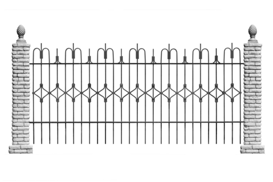 Wrought iron fence with stone posts. B.