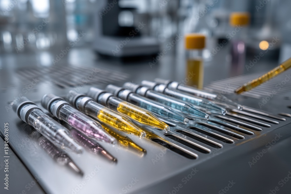 Poster close-up shot showcasing several test tubes filled with liquids of varying colors resting in a metal